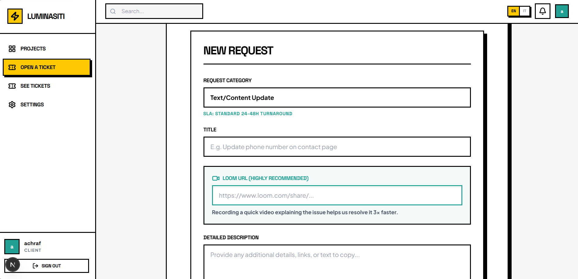 Opening a new task request.